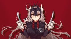 Rule 34 | 2girls, ahoge, black necktie, black suit, breasts, collared shirt, cosplay, demon horns, fate/grand order, fate (series), fork, formal, gloves, grey hair, headpiece, helltaker, highres, holding, holding fork, holding knife, horns, jeanne d&#039;arc alter (fate), knife, lapels, large breasts, long hair, long sleeves, lucifer (helltaker), lucifer (helltaker) (cosplay), mini person, minigirl, multiple girls, necktie, notched lapels, red background, red shirt, ru 251, shirt, suit, upper body, very long hair, white gloves, yellow eyes