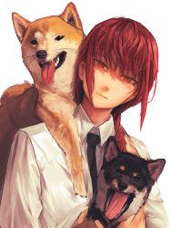 Rule 34 | 1girl, animal, animal on back, black necktie, braid, braided ponytail, chainsaw man, collared shirt, dog, highres, looking at viewer, makima (chainsaw man), medium hair, necktie, niroxin, open mouth, orange eyes, red hair, shaded face, shiba inu, shirt, sidelocks, simple background, solo focus, tongue, tongue out, white background, white shirt