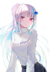 Rule 34 | 1girl, blue hair, blunt bangs, blush, breasts, clothes writing, commentary request, hair ornament, inaeda kei, lize helesta, long sleeves, looking at viewer, multicolored hair, nijisanji, parted lips, pink eyes, ponytail, shirt, side ponytail, silver hair, simple background, small breasts, solo, two-tone hair, upper body, virtual youtuber, white background, white shirt