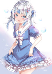 Rule 34 | 1girl, :d, blue dress, blue eyes, blue hair, blue ribbon, blunt bangs, blush, bubble, collarbone, commentary, cowboy shot, dress, frilled dress, frills, gawr gura, hair ornament, hair ribbon, highres, hololive, hololive english, looking at viewer, multicolored hair, open mouth, puffy short sleeves, puffy sleeves, ribbon, shark hair ornament, sharp teeth, short sleeves, sidelocks, skirt hold, smile, solo, streaked hair, teeth, two-tone background, two side up, upper teeth only, virtual youtuber, white hair, yuano
