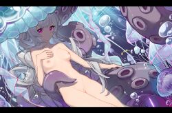 Rule 34 | 1girl, absurdres, air bubble, breasts, bubble, cleft of venus, commentary request, completely nude, feet out of frame, grey hair, groin, hand on own chest, highres, jellyfish, letter, long hair, looking at viewer, nipples, nude, original, pink eyes, pussy, small breasts, solarisyuri!, solo, tentacles, underwater