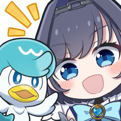 Rule 34 | 1girl, :d, bird, black hair, blue bow, blue eyes, blue hair, blush, bow, chain, creatures (company), crossover, duck, game freak, highres, hololive, hololive english, moja (mojya 777), nintendo, notice lines, open mouth, ouro kronii, ouro kronii (1st costume), pokemon, pokemon (creature), quaxly, simple background, smile, upper body, virtual youtuber, white background