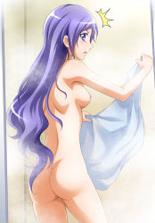 Rule 34 | 1girl, aono miki, ass, bathroom, blue eyes, breasts, cowboy shot, fresh precure!, hanzou, highres, holding, holding towel, long hair, looking at viewer, looking back, medium breasts, nipples, nude, open mouth, precure, profile, purple hair, solo, standing, straight hair, towel, very long hair