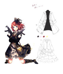 Rule 34 | 1girl, ascot, assault rifle, bag, catbell, collared shirt, crossed arms, dual wielding, earrings, flower, gun, hair flower, hair ornament, highres, holding, holding gun, holding weapon, jewelry, kneeling, looking at viewer, necklace, original, purple eyes, red hair, rifle, shirt, short hair, shoulder bag, simple background, skirt, solo, trigger discipline, weapon, white background