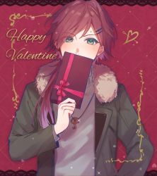 Rule 34 | 1boy, box, covered mouth, fur trim, gift, green eyes, green jacket, grey sweater, hair behind ear, happy valentine, head tilt, heart, highres, holding, holding box, jacket, jewelry, key, lauren iroas, looking at viewer, male focus, necklace, nijisanji, poppoka, red hair, smile, solo, sweater, virtual youtuber