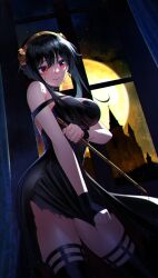 Rule 34 | 1girl, absurdres, black dress, black hair, black thighhighs, blood, blood on face, closed mouth, dress, dress tug, earrings, full moon, hair between eyes, hairband, high-low skirt, highres, holding, holding weapon, indoors, jewelry, moon, nyanmaru, red eyes, short dress, short hair with long locks, sidelocks, sleeveless, sleeveless dress, solo, sparkle, spy x family, standing, thighhighs, torn clothes, torn dress, weapon, yellow hairband, yor briar