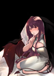 Rule 34 | 1girl, absurdres, bed, black background, blush, breasts, cleavage, closed mouth, demon tail, demon wings, dress, finger to mouth, girls&#039; frontline, hand on own head, highres, long hair, looking at viewer, lying, medium breasts, on side, purple hair, red eyes, solo, stigmamyu, tail, tears, wa2000 (girls&#039; frontline), white dress, wings