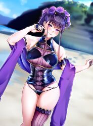 Rule 34 | 1girl, absurdres, armlet, bare shoulders, beach, black gloves, black one-piece swimsuit, blush, breasts, fate/grand order, fate (series), fingerless gloves, flower, gloves, gold trim, hair flower, hair ornament, hair up, half gloves, highleg, highleg swimsuit, highres, large breasts, len (hand linke), long hair, looking at viewer, murasaki shikibu (fate), murasaki shikibu (swimsuit rider) (fate), murasaki shikibu (swimsuit rider) (first ascension) (fate), one-piece swimsuit, purple eyes, purple hair, single thighhigh, smile, solo, swimsuit, thighhighs, thighs