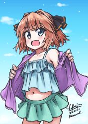 Rule 34 | 1girl, arimura yuu, black ribbon, blue eyes, blue sky, brown hair, camisole, cloud, dated, dress, fang, green camisole, green skirt, hachijou (kancolle), hair ribbon, highres, jacket, kantai collection, one-hour drawing challenge, open clothes, open jacket, open mouth, pleated dress, purple jacket, ribbon, short hair, signature, skin fang, skirt, sky, smile, solo
