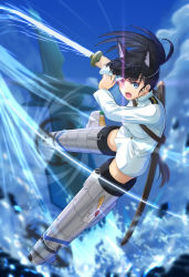 Rule 34 | 1girl, absurdres, aircraft, airplane, black hair, blue sky, brown eyes, cloud, commentary request, eyepatch, glowing, glowing eye, highres, holding eyepatch, huge filesize, jacket, katana, long hair, military, military uniform, no pants, open mouth, origami yakko, ponytail, sakamoto mio, sky, solo, strike witches, striker unit, sword, uniform, weapon, white jacket, world witches series
