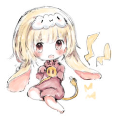 Rule 34 | 1girl, :d, animal ears, bad id, bad pixiv id, barefoot, blonde hair, blush, cottontailtokki, dress, ears down, fang, hair between eyes, hair ornament, hands up, highres, lightning bolt symbol, long hair, looking at viewer, open mouth, original, pink dress, red eyes, simple background, smile, solo, tail, white background