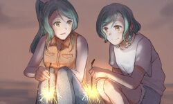 Rule 34 | 2girls, aqua hair, bang dream!, bow, braid, commentary, cutoff jeans, cutoffs, denim, evening, green eyes, hair bow, highres, hikawa hina, hikawa sayo, holding fireworks, jeans, light blush, long hair, looking at another, medium hair, multiple girls, multiple hair bows, open mouth, orange shirt, orange sky, pants, ponytail, shirt, siblings, sisters, sky, smile, squatting, symbol-only commentary, twin braids, twins, white bow, white shirt, xin (blueramen)