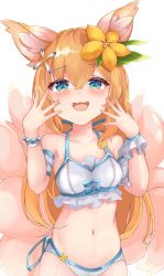 Rule 34 | 1girl, animal ears, bikini, blue eyes, blush, close-up, crossed bangs, eight-tailed fox nari, flat chest, flower, fox ears, fox girl, guardian tales, hair flower, hair ornament, highres, long hair, looking at viewer, multiple tails, navel, official alternate costume, open mouth, orange hair, shenwuyue cibei, solo, swimsuit, tail, user ttkt7834, white background, white bikini
