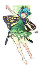 Rule 34 | 1girl, antennae, barefoot, blue hair, brown eyes, butterfly wings, eternity larva, full body, green skirt, hair ornament, haya taro pochi, insect wings, leaf, leaf hair ornament, looking at viewer, open mouth, outstretched arms, short hair, skirt, sleeveless, smile, solo, touhou, wings