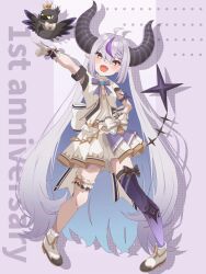 Rule 34 | 1girl, ahoge, black horns, braid, braided bangs, colored inner hair, crow (la+ darknesss), fang, gloves, grey hair, highres, hololive, hololive idol uniform, horns, june6illust, la+ darknesss, long hair, looking at viewer, multicolored hair, official alternate costume, open mouth, pointy ears, purple hair, purple thighhighs, ribbon, single thighhigh, skin fang, skirt, skirt set, smile, streaked hair, striped horns, thigh strap, thighhighs, very long hair, virtual youtuber, white footwear, white gloves, wrist cuffs