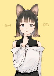 Rule 34 | 1girl, 2020, :3, animal ears, animal print, belt, black belt, black sweater, blouse, blue eyes, blush, brown hair, cat ears, fish bone, fish print, flipped hair, frilled sleeves, frills, hand on own chin, hand up, highres, ikoan, layered clothes, looking at viewer, off shoulder, open mouth, original, puffy sleeves, shirt, short hair, solo, split mouth, straight hair, stroking own chin, sweater, thinking, turtleneck, upper body, white shirt, yellow background