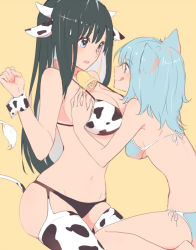 Rule 34 | 2girls, :q, animal ears, animal print, bell, black hair, black panties, blue bra, blue eyes, blue hair, blue panties, bra, grabbing another&#039;s breast, breasts, cat ears, clenched hand, collar, cow ears, cow horns, cow print, cow tail, garter belt, grabbing, hand up, horns, large breasts, licking lips, long hair, looking at another, medium breasts, medium hair, midriff, multiple girls, navel, neck bell, open mouth, original, panties, print bra, side-tie panties, sideboob, simple background, smile, sou (tuhut), sweatdrop, tail, thighhighs, tongue, tongue out, underwear, underwear only, wrist cuffs, yellow background, yuri