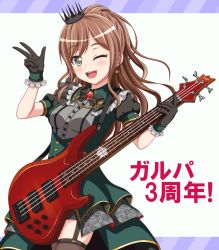 Rule 34 | 1girl, :3, ;3, ;d, anniversary, bang dream!, bass guitar, black bow, black gloves, black thighhighs, blush, border, bow, bowtie, breasts, brown hair, buttons, collar, commentary request, cowboy shot, crown, diagonal stripes, dress, earrings, esp guitars, floral print, flower earrings, frilled gloves, frilled shirt collar, frills, garter straps, gloves, green collar, green dress, green eyes, grey shirt, hand up, highres, holding, holding instrument, imai lisa, instrument, jewelry, layered dress, long hair, looking at viewer, medium breasts, mini crown, official style, one eye closed, open mouth, ponytail, puffy short sleeves, puffy sleeves, purple border, shirt, short sleeves, showgirl skirt, sidelocks, smile, solo, standing, striped, swept bangs, teeth, thighhighs, tilted headwear, upper teeth only, v, wristband, yoshino yamato, zettai ryouiki