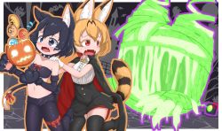 Rule 34 | 2girls, anger vein, animal ear fluff, animal ears, animal hands, bandages, bandeau, black cape, black collar, black hair, black legwear, black pants, black skirt, blonde hair, blue eyes, bow, bowtie, cape, chis (js60216), collar, commentary, ectoplasm, elbow gloves, english commentary, fangs, flying sweatdrops, food, frown, ghost, gloves, halloween, halloween bucket, halloween costume, high-waist skirt, highres, holding, japari bun, kaban (kemono friends), kemono friends, kemonomimi mode, looking back, lucky beast (kemono friends), mixed-language commentary, motion lines, multiple girls, navel, night, open fly, open mouth, orange outline, outdoors, pants, paw gloves, purple outline, red cape, red eyes, running, scared, serval (kemono friends), shirt, short hair, skirt, sleeveless, sleeveless shirt, spiked collar, spikes, standing, striped tail, sweatdrop, tail, tearing up, thighhighs, two-sided cape, two-sided fabric, white gloves, white shirt, wing collar