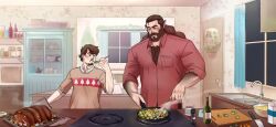 Rule 34 | 2boys, animal ears, bara, beard, body fur, christmas, christmas tree print, conrad (getonjbart), cooking, couple, facial hair, frying pan, full beard, getonjbart, hairy, hand hair, height difference, highres, holding, holding frying pan, indoors, kitchen, large pectorals, male focus, mature male, monster boy, multiple boys, muscular, muscular male, mustache, original, pectoral cleavage, pectorals, perspective, short hair, standing, sweater, tasting, thick arm hair, thick beard, thick chest hair, thick eyebrows, thick mustache, very hairy, werewolf, wolf ears, yaoi