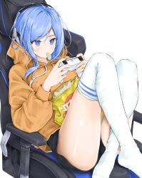 Rule 34 | 1girl, black shorts, blue hair, chaesu, chair, chips (food), controller, food, food in mouth, game controller, headphones, highres, bae minah (chaesu), original, shorts, sitting, solo, thighhighs, thighs, white thighhighs