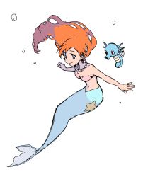 Rule 34 | 1girl, air bubble, ame (ame025), bare arms, bubble, closed mouth, creatures (company), earrings, eyelashes, fins, fish tail, floating hair, game freak, gen 1 pokemon, hair ornament, horsea, jewelry, long hair, looking down, mermaid costume, mermaid misty (pokemon), misty (pokemon), navel, necklace, nintendo, orange hair, outstretched arms, pokemon, pokemon (anime), pokemon (classic anime), pokemon (creature), sketch, smile, tail, underwater, white background
