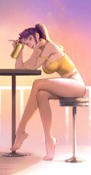 Rule 34 | 1girl, absurdres, beer can, breasts, can, commentary, crossed legs, drink can, elbows on table, full body, highres, holding, holding can, katsuragi misato, large breasts, limart, long hair, looking at viewer, neon genesis evangelion, open mouth, pantyhose, ponytail, purple eyes, purple hair, smile, solo, strap slip, symbol-only commentary, tank top, yellow tank top