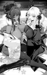 Rule 34 | 2girls, absurdres, bankongping, blanc (nikke), blanc (white rabbit) (nikke), blush, bodystocking, boots, bow, breasts, cleavage, closed mouth, commentary request, cross-laced footwear, dark-skinned female, dark skin, flower, from side, goddess of victory: nikke, greyscale, hair bow, hair flower, hair ornament, hairpin, highres, holding hands, indoors, interlocked fingers, japanese clothes, kimono, knee boots, large breasts, long sleeves, looking at viewer, monochrome, multiple girls, nipples, no bra, noir (black rabbit) (nikke), noir (nikke), off shoulder, open mouth, pantyhose, see-through, see-through cleavage, sidelocks, sitting, wariza, wide sleeves