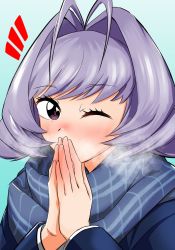 Rule 34 | 1other, antenna hair, bad id, bad twitter id, blue jacket, blush, breath, commentary request, covering own mouth, eyelashes, hands up, highres, jacket, komi-san wa komyushou desu, long sleeves, looking at viewer, mataki55en, notice lines, one eye closed, osana najimi (komi-san wa komyushou desu), other focus, own hands together, purple eyes, purple hair, scarf, shirt, solo, upper body, white shirt