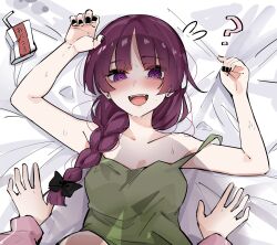 Rule 34 | 2girls, :d, ?, @ @, arm up, bed sheet, black bow, black nails, blunt bangs, blush, bocchi the rock!, bow, braid, braided ponytail, camisole, commentary request, drop shadow, earrings, embarrassed, female pov, flying sweatdrops, from above, gotoh hitori, green camisole, hair bow, highres, hiroi kikuri, jewelry, long hair, looking at viewer, mame1645, multiple girls, nail polish, nose blush, off shoulder, open mouth, pov, purple hair, sharp teeth, smile, stud earrings, sweat, teeth, upper body, upper teeth only, yuri