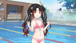 Rule 34 | 1girl, belly, bikini, black hair, building, commission, eyebrows, halo, highres, horns, idol corp, leaf, lily sin, long hair, multicolored hair, navel, nose, open mouth, pink bikini, pointy ears, pool, ribbon, swimsuit, thighs, tree, virtual youtuber, wallpaper, water, window, yellow eyes