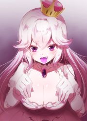 Rule 34 | 1girl, blush, breasts, brooch, cleavage, crown, detached collar, dress, frilled dress, frills, gloves, hair between eyes, highres, jewelry, large breasts, long hair, looking at viewer, luigi&#039;s mansion, mario (series), new super mario bros. u deluxe, nintendo, open mouth, piano (mymel0v), princess king boo, purple eyes, sharp teeth, silver hair, solo, super crown, teeth, tongue, tongue out, upper body, white dress, white gloves