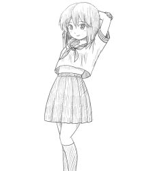 Rule 34 | 1girl, arms behind head, arms up, closed mouth, feet out of frame, greyscale, midriff peek, monochrome, neckerchief, original, pleated skirt, sailor collar, school uniform, serafuku, shirt, short sleeves, simple background, skirt, smile, socks, solo, standing, takapi (chimee house), white background