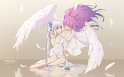 Rule 34 | 2girls, artist name, bare arms, bare shoulders, barefoot, blue eyes, blue hair, breasts, brown eyes, cleavage, collarbone, commentary request, crossover, dress, feathered wings, feathers, heterochromia, highres, holding hands, hololive, interlocked fingers, kagura gumi, kagura mea, long hair, medium breasts, minato aqua, multicolored hair, multiple girls, neps-l, purple hair, reflection, signature, silver hair, sitting, sleeveless, sleeveless dress, two-tone hair, very long hair, virtual youtuber, white dress, white feathers, white wings, wings, yokozuwari