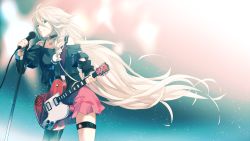 Rule 34 | 1girl, antenna hair, asymmetrical legwear, black shirt, black thighhighs, bow, collar, collarbone, cowboy shot, detached sleeves, floating hair, green eyes, guitar, hair bow, holding, holding instrument, holding microphone, ia (vocaloid), instrument, keshi, long hair, looking at viewer, microphone, microphone stand, miniskirt, off shoulder, pink skirt, pleated skirt, purple eyes, shirt, silver hair, skirt, smile, solo, standing, thigh strap, thighhighs, uneven legwear, very long hair, vocaloid