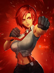 Rule 34 | 1girl, armpits, boxing, breasts, clenched hand, gloves, highres, large breasts, lips, lipstick, makeup, midriff, mature female, navel, necktie, punching, red eyes, red hair, shirt, short hair, sleeveless, snk, solo, suspenders, the king of fighters, vanessa (kof), xiaoguimist