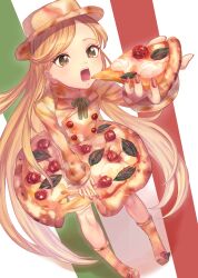 Rule 34 | 1girl, absurdres, brown eyes, cheese, cheese trail, food, food as clothes, full body, highres, holding, holding food, holding pizza, italian flag, leaf, long sleeves, meriko (piyoko5), nail polish, open mouth, original, pepperoni, pizza, pizza slice, red nails, shadow, solo, standing