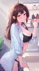 Rule 34 | 1girl, absurdres, ahoge, arm support, black bra, black panties, blush, bra, breasts, brown eyes, brown hair, cleavage, closed mouth, collared shirt, commentary request, dress shirt, from side, half-closed eyes, hand up, highres, indoors, long hair, long sleeves, looking at viewer, looking to the side, medium breasts, nail polish, open clothes, open shirt, original, panties, pink nails, racchi., shirt, sink, sleepy, solo, underwear, white shirt