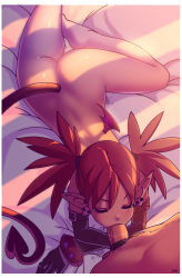 Rule 34 | 1boy, 1girl, ass, back, bad id, bad tumblr id, bat wings, black gloves, blush, closed eyes, cock ring, demon girl, disgaea, earrings, elbow gloves, etna (disgaea), fellatio, gloves, hetero, highres, interspecies, jewelry, lying, makai senki disgaea, nude, on stomach, optionaltypo, oral, penis, pointy ears, pussy juice, pussy juice stain, red hair, red theme, revision, saliva, sex toy, solo focus, tail, twintails, uncensored, wings