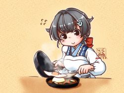 Rule 34 | 1girl, apron, artist logo, black hair, braid, commentary request, dated, egg (food), food, fried egg, frying pan, hair flaps, jingei (kancolle), kantai collection, kappougi, kutone shirika, long hair, low ponytail, red eyes, single braid, solo, spatula, upper body