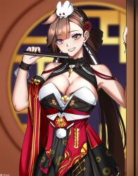 Rule 34 | 1girl, :d, absurdres, animal, bare shoulders, blurry, blurry background, breasts, brown eyes, brown hair, china dress, chinese clothes, cleavage, dress, grin, hand fan, highres, holding, holding fan, honkai (series), honkai impact 3rd, indoors, large breasts, li sushang, li sushang (jade knight), lion space, lips, long hair, looking at viewer, night, night sky, open mouth, rabbit, red dress, sky, smile, teeth, very long hair