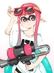 Rule 34 | 1girl, aqua hair, closed mouth, commentary, daturawr, english commentary, eyelashes, eyewear on head, gradient hair, gun, hand on headwear, highres, holding, holding gun, holding weapon, inkling, inkling girl, inkling player character, long hair, multicolored hair, nintendo, octoshot (splatoon), pointy ears, print shirt, red-framed eyewear, red eyes, red hair, shirt, simple background, solo, splatoon (series), sunglasses, tentacle hair, thick eyebrows, two-tone hair, upper body, very long hair, weapon, white background, white shirt