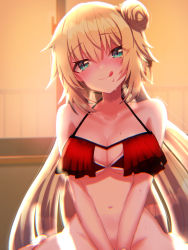 Rule 34 | 1girl, :p, akai haato, akai haato (hololive summer 2019), aonegi, aqua eyes, between legs, bikini, bikini top only, blonde hair, blush, breast curtains, breasts, cleavage, hand between legs, highres, hololive, looking at viewer, medium breasts, navel, no panties, one side up, sitting, smile, solo, sunlight, sweatdrop, swimsuit, tongue, tongue out, twitter username, virtual youtuber, wariza