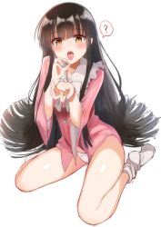 Rule 34 | 1girl, ?, bare legs, black hair, blush, bow, bow panties, bowtie, brown eyes, commentary request, fellatio gesture, frilled shirt collar, frills, hands up, highres, houraisan kaguya, long hair, long sleeves, looking at viewer, no pants, no shoes, open mouth, panties, pink shirt, shirt, sidelocks, simple background, sitting, socks, solo, spoken question mark, thighs, tksand, tongue, touhou, underwear, very long hair, wariza, white background, white bow, white bowtie, white panties, white socks, wide sleeves