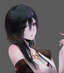 Rule 34 | 1girl, absurdres, aoi ogata, bare shoulders, black hair, commentary, commission, elbow sleeve, english commentary, eyes visible through hair, grey background, hair between eyes, heterochromia, highres, jewelry, long hair, looking at viewer, necklace, original, parted lips, shirt, solo, white shirt