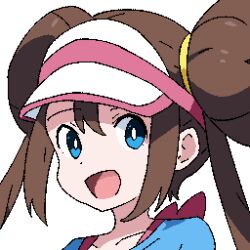 Rule 34 | 1girl, :d, blue eyes, blue shirt, bow, bright pupils, collarbone, commentary, creatures (company), cutefires, double bun, game freak, hair bun, hat, long hair, lowres, nintendo, open mouth, pink bow, pink hat, pixel art, pokemon, pokemon bw2, portrait, rosa (pokemon), shirt, sidelocks, smile, solo, tongue, twintails, two-tone headwear, visor cap, white background, white hat, white pupils