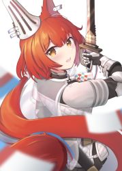 Rule 34 | 1girl, animal ears, arknights, black gloves, black skirt, brown eyes, commentary, flametail (arknights), from behind, gloves, hair between eyes, hand up, holding, holding sword, holding weapon, jacket, long hair, looking at viewer, looking back, open mouth, pleated skirt, red hair, skirt, solo, soulblitz, squirrel ears, squirrel girl, squirrel tail, sword, tail, teeth, upper teeth only, very long hair, weapon, white background, white jacket