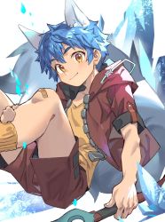 Rule 34 | 1boy, bandaged leg, bandages, blue hair, chinese commentary, commentary request, fang, highres, jacket, looking at viewer, original, red jacket, ryuou oohashi, shirt, short sleeves, shorts, white background, yellow eyes, yellow legwear, yellow shirt