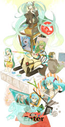 Rule 34 | 1boy, 1girl, character name, detached sleeves, flower, hatsune miku, hatsune miku (append), headphones, highres, long hair, makoto0820, megaphone, multiple views, necktie, open mouth, paper, piano keys, sitting, skirt, spring onion, thighhighs, twintails, very long hair, vocaloid, vocaloid append