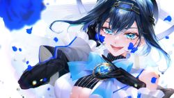 Rule 34 | 1girl, bango0823, black gloves, blue bow, blue eyes, blue flower, blue hair, bow, bow earrings, breasts, chain, clothing cutout, commentary, detached sleeves, earrings, english commentary, eyebrows hidden by hair, fangs, flower, gloves, highres, hololive, hololive english, jewelry, large breasts, open mouth, ouro kronii, ouro kronii (1st costume), petals, portrait, smile, solo, underboob, underboob cutout, virtual youtuber